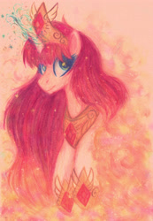 Size: 3392x4904 | Tagged: safe, artist:equmoria, oc, oc only, oc:fausticorn, alicorn, pony, mlp fim's tenth anniversary, alicorn oc, colored pencil drawing, crown, ethereal mane, happy birthday mlp:fim, horn, jewelry, lauren faust, magic, magic aura, regalia, solo, traditional art, watercolor painting, wings