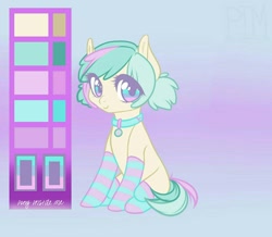 Size: 1238x1080 | Tagged: safe, oc, oc only, earth pony, pony, abstract background, clothes, collar, earth pony oc, reference sheet, sitting, socks, solo, striped socks