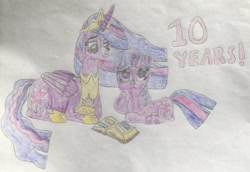 Size: 1526x1051 | Tagged: safe, artist:mr.myoozik, derpibooru exclusive, twilight sparkle, alicorn, pony, unicorn, mlp fim's tenth anniversary, g4, the last problem, anniversary, anniversary art, book, book of harmony, clothes, crossed hooves, crown, cutie mark, ethereal mane, ethereal tail, female, folded wings, happy birthday mlp:fim, hoof on chin, hoof shoes, horn, jewelry, looking up, mare, older, older twilight, older twilight sparkle (alicorn), open book, pages, photo, princess twilight 2.0, purple eyes, regalia, self ponidox, shoes, sitting, smiling, tail, text, thinking, traditional art, twilight sparkle (alicorn), unicorn twilight, wings