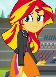 Size: 517x712 | Tagged: safe, screencap, sunset shimmer, equestria girls, g4, my little pony equestria girls: rainbow rocks, arms, awkward smile, breasts, bust, clothes, control panel, cropped, female, fingers, hand, jacket, leather, leather jacket, long hair, nervous, nervous smile, skirt, smiling, solo, teenager, teeth, top