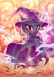 Size: 2894x4093 | Tagged: safe, artist:shore2020, trixie, pony, unicorn, g4, badass, bipedal, cape, clothes, cool guys don't look at explosions, explosion, female, hat, high res, mare, raised hoof, rearing, smoke, solo, special effects, trixie's cape, trixie's hat
