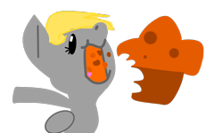 Size: 1000x600 | Tagged: safe, anonymous artist, derpy hooves, pegasus, pony, g4, beady eyes, drawthread, eating, food, muffin, open mouth, requested art, simple background, solo, transparent background