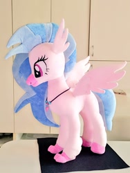 Size: 768x1024 | Tagged: safe, artist:nekokevin, silverstream, classical hippogriff, hippogriff, g4, female, irl, jewelry, necklace, photo, plushie, smiling, solo, spread wings, wings