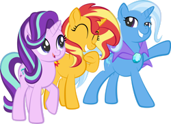 Size: 1920x1394 | Tagged: safe, artist:alexdti, starlight glimmer, sunset shimmer, trixie, pony, unicorn, g4, ^^, cape, clothes, eyes closed, female, group, magical trio, simple background, transparent background, trio, trio female, trixie's cape