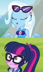 Size: 794x1332 | Tagged: safe, sci-twi, trixie, twilight sparkle, equestria girls, equestria girls specials, g4, my little pony equestria girls: better together, my little pony equestria girls: forgotten friendship, my little pony equestria girls: legend of everfree, blushing, clothes, eyes closed, female, lesbian, scitwixie, ship:sci-twixie, ship:twixie, shipping, shipping domino, sunglasses, sunglasses on head, swimsuit