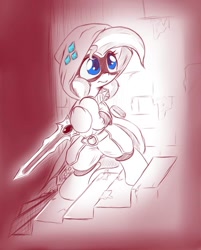 Size: 825x1024 | Tagged: safe, artist:alazak, oc, oc only, oc:pearl, earth pony, pony, adventurer, cloak, clothes, solo, stairs, sword, weapon