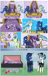Size: 2480x3900 | Tagged: safe, artist:maren, princess celestia, princess luna, sandbar, twilight sparkle, oc, alicorn, earth pony, pegasus, pony, unicorn, g4, the last problem, blatant lies, broken neck, clothes, coffin, comic, commission, coronation, coronation dress, corpse, dark comedy, dead, death, dress, eyes closed, female, flower, funeral, gravestone, hat, high res, hoof shoes, hooves to the chest, jewelry, lying down, male, mare, neck snap, on back, open mouth, raised hoof, regalia, rose, royal sisters, second coronation dress, shirt, sisters, stallion, suspiciously specific denial, twilight sparkle (alicorn)