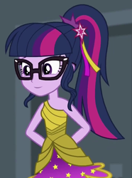 Size: 704x945 | Tagged: source needed, safe, edit, edited screencap, editor:mycarhasamoustache, screencap, sci-twi, twilight sparkle, equestria girls, equestria girls specials, g4, my little pony equestria girls: dance magic, clothes, cropped, cute, dress, ponytail, sci-twiabetes, smile edit, solo, twiabetes