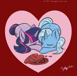 Size: 1240x1232 | Tagged: safe, artist:mysteryrose, edit, trixie, twilight sparkle, pony, unicorn, g4, chocolate, duo, eyes closed, female, food, heart, holiday, lesbian, mare, red background, ship:twixie, shipping, simple background, sleeping, unicorn twilight, valentine's day