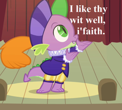 Size: 792x720 | Tagged: safe, edit, edited screencap, editor:korora, screencap, spike, g4, hearth's warming eve (episode), clothes, costume, cropped, hamlet, hat, reaction image, ruff (clothing), speech, talking, william shakespeare