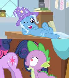 Size: 1280x1440 | Tagged: safe, edit, edited screencap, screencap, spike, trixie, twilight sparkle, dragon, pony, unicorn, a horse shoe-in, friendship is magic, g4, female, heart eyes, male, mare, shipping, shipping domino, spixie, straight, wingding eyes