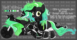 Size: 3555x1851 | Tagged: safe, alternate version, artist:bad_trip, oc, oc only, oc:cardi ellison, earth pony, pony, bone, boots, clothes, female, jacket, leather jacket, mare, motorcycle, multicolored hair, open mouth, raised hoof, shirt, shoes, socks, solo, t-shirt