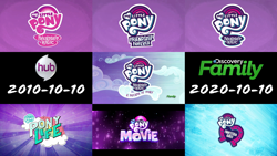 Size: 3830x2160 | Tagged: safe, screencap, mlp fim's tenth anniversary, equestria girls, g4, g4.5, my little pony equestria girls: better together, my little pony: friendship is forever, my little pony: pony life, my little pony: the movie, a decade of pony - my little pony: friendship is magic, discovery family logo, equestria girls logo, friendship is forever:new mlp series, happy birthday mlp:fim, high res, hub logo, logo, my little pony: pony life logo, pony history, the hub