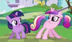 Size: 534x313 | Tagged: safe, screencap, princess cadance, twilight sparkle, alicorn, pony, unicorn, a canterlot wedding, g4, season 2, animated, butt shake, canterlot, clap your hooves, cute, cutedance, female, filly, filly cadance, filly twilight sparkle, foal, gif, ladybugs-awake, sunshine sunshine, teen princess cadance, twiabetes, young twilight, younger