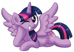 Size: 1280x908 | Tagged: safe, artist:aleximusprime, twilight sparkle, alicorn, pony, g4, cute, cutie mark, female, horn, looking at you, lying down, mare, on side, one eye closed, simple background, smiling, solo, spread wings, transparent background, twiabetes, twilight sparkle (alicorn), wings, wink