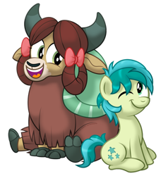 Size: 1280x1401 | Tagged: safe, artist:aleximusprime, sandbar, yona, earth pony, pony, yak, g4, cute, duo, duo male and female, female, larger female, looking at each other, male, one eye closed, sandabetes, ship:yonabar, shipping, simple background, sitting, size difference, smaller male, smiling, straight, transparent background, wink, yonadorable