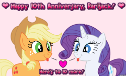 Size: 1146x693 | Tagged: safe, derpibooru exclusive, applejack, rarity, earth pony, pony, unicorn, mlp fim's tenth anniversary, g4, female, happy birthday mlp:fim, lesbian, ms paint, ship:rarijack, shipping, silly, smiling, text, tongue out