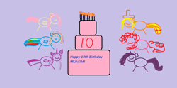 Size: 1360x674 | Tagged: safe, artist:twilyisbestpone, applejack, fluttershy, pinkie pie, rainbow dash, rarity, twilight sparkle, alicorn, earth pony, pegasus, pony, unicorn, mlp fim's tenth anniversary, g4, :3, applejack's hat, birthday cake, cake, cowboy hat, female, food, happy birthday mlp:fim, hat, horrible, mare, purple background, simple background, smiling, stick pony, stylistic suck, twilight sparkle (alicorn), wings