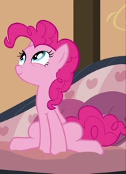 Size: 781x1080 | Tagged: safe, screencap, pinkie pie, pony, g4, pinkie apple pie, couch, cropped, cute, cute eyes, diapinkes, female, happy, looking up, mare, sitting, smiling, solo