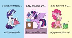 Size: 7500x4000 | Tagged: safe, artist:pink-pone, gummy, rarity, twilight sparkle, alicorn, alligator, earth pony, pony, unicorn, mlp fim's tenth anniversary, g4, baking, book, bowl, coronavirus, covid-19, egg (food), eyes closed, female, food, glowing horn, happy birthday mlp:fim, horn, implied princess celestia, kitchen, laser pointer, levitation, magic, mix, pack, popcorn, quarantine, simple background, sitting, smiling, social distancing, solo, spatula, stay at home, telekinesis, tongue out, towel, twilight sparkle (alicorn), yelling