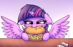 Size: 2800x1800 | Tagged: safe, artist:heavymetalbronyyeah, twilight sparkle, alicorn, pony, mlp fim's tenth anniversary, :t, blushing, borgarposting, burger, candle, cheek fluff, cute, ear fluff, ear tufts, eating, female, floppy ears, fluffy, food, glare, gradient background, happy birthday mlp:fim, hay burger, herbivore, leg fluff, lidded eyes, mare, nom, smiling, smirk, solo, spread wings, table, that pony sure does love burgers, tomato, twiabetes, twilight burgkle, twilight sparkle (alicorn), wing fluff, wings