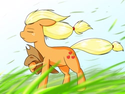 Size: 2048x1536 | Tagged: safe, artist:batipin, applejack, earth pony, pony, g4, eyes closed, female, grass, mare, outdoors, solo, wind, windswept mane