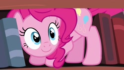 Size: 1920x1080 | Tagged: safe, screencap, pinkie pie, earth pony, pony, g4, pinkie apple pie, book, bookshelf, cute, diapinkes, female, golden oaks library, mare, pinkie being pinkie, smiling, smiling at you, solo