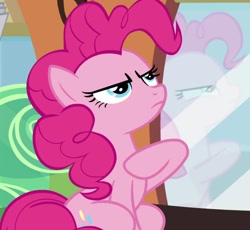 Size: 1174x1080 | Tagged: safe, screencap, pinkie pie, g4, party pooped, cropped, female, reflection, sitting, solo, train