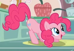 Size: 887x616 | Tagged: safe, screencap, pinkie pie, call of the cutie, g4, season 1, bent over, butt, cupcake song, cute, diapinkes, female, happy, kitchen, mare, open mouth, plot, smiling