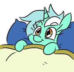 Size: 517x498 | Tagged: safe, artist:jargon scott, lyra heartstrings, pony, unicorn, g4, :t, bed, blanket, cute, female, lying down, lyrabetes, mare, mimir, on back, pillow, simple background, smiling, solo, white background