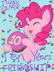 Size: 1536x2048 | Tagged: safe, artist:shiiiny, pinkie pie, earth pony, pony, mlp fim's tenth anniversary, g4, birthday cake, cake, confetti, eyes closed, female, food, frosting, happy birthday mlp:fim, mare, open mouth, solo