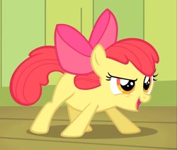 Size: 1271x1080 | Tagged: safe, screencap, apple bloom, pony, g4, somepony to watch over me, confident, crouching, cute, female, filly, narrowed eyes, open mouth, smiling, solo