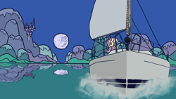 Size: 1920x1080 | Tagged: safe, artist:vulchrys, fluttershy, pegasus, pony, mlp fim's tenth anniversary, g4, canterlot, happy birthday mlp:fim, mare in the moon, moon, newbie artist training grounds, photoshop, reflection, sailboat, solo, trace