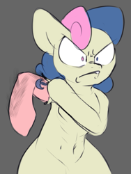 Size: 567x756 | Tagged: safe, artist:lockheart, bon bon, sweetie drops, earth pony, pony, g4, angry, belly button, female, floppy ears, gray background, hairy arms, heterochromia, imminent beatdown, mare, muscles, muscular female, popeye, scrunchy face, simple background, solo, tattoo