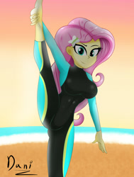 Size: 2500x3300 | Tagged: safe, artist:danielitamlp, fluttershy, equestria girls, g4, barefoot, beach, breasts, busty fluttershy, clothes, feet, female, flexible, fluttershy's wetsuit, high res, looking at you, ocean, pose, sand, smiling, solo, standing splits, stupid sexy fluttershy, swimsuit, wetsuit