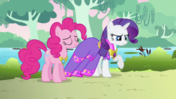 Size: 1280x720 | Tagged: safe, screencap, pinkie pie, rarity, earth pony, pony, unicorn, g4, keep calm and flutter on, clothes, dress