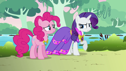 Size: 1280x720 | Tagged: safe, screencap, pinkie pie, rarity, earth pony, pony, unicorn, g4, keep calm and flutter on, clothes, dress, element of laughter, female, mare
