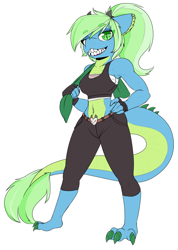 Size: 2428x3412 | Tagged: safe, artist:lockheart, oc, oc only, oc:campfire, dracony, dragon, hybrid, anthro, belly button, clothes, female, fingerless gloves, gloves, grin, high res, horns, lidded eyes, midriff, sharp teeth, simple background, smiling, solo, sports bra, tail, teeth, towel, white background