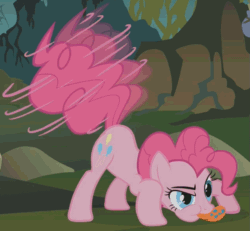 Size: 637x588 | Tagged: safe, screencap, pinkie pie, earth pony, pony, bridle gossip, g4, season 1, animated, balloonbutt, butt, butt shake, cropped, female, gif, mare, narrowed eyes, plot, solo, spitty pie, tail, tail twirl, tongue out