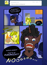 Size: 796x1106 | Tagged: safe, artist:lewlegend, oc, oc only, oc:sketchpad, pony, unicorn, ass up, butt, caught, clothes, comic, cutie mark, digital art, eating, food, glowing horn, horn, magic, open mouth, plot, refrigerator, sandwich, shocked, speech bubble, tail, text
