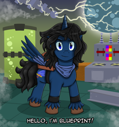 Size: 900x965 | Tagged: safe, artist:lewlegend, oc, oc only, oc:blueprint, pony, unicorn, cutie mark, digital art, horn, laboratory, looking at you, tail, wings