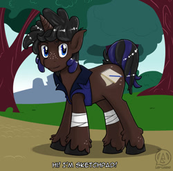 Size: 900x889 | Tagged: safe, artist:lewlegend, oc, oc only, oc:sketchpad, pony, unicorn, clothes, cutie mark, digital art, forest, horn, looking at you, male, raised tail, solo, stallion, tail, tree