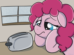 Size: 1972x1471 | Tagged: safe, anonymous artist, artist:therainbowtroll, pinkie pie, earth pony, pony, g4, bored, drawthread, female, floppy ears, rain, requested art, sad, solo, toaster, waiting, window
