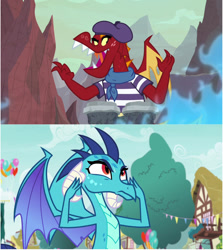 Size: 1160x1301 | Tagged: safe, edit, edited screencap, screencap, garble, princess ember, dragon, g4, sweet and smoky, triple threat, beret, bongos, clothes, comparison, dragoness, fanning, female, fire, hat, male, musical instrument, scarf, ship:emble, shipping, shipping domino, shirt, straight, striped shirt, sweat