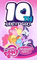 Size: 1280x2048 | Tagged: safe, artist:daarkenn, artist:fuzon-s, applejack, fluttershy, pinkie pie, rainbow dash, rarity, twilight sparkle, pony, mlp fim's tenth anniversary, g4, the cutie mark chronicles, group hug, happy birthday mlp:fim, hug, mane six, my little pony logo