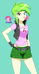 Size: 2234x4248 | Tagged: safe, artist:danmakuman, cherry crash, human, equestria girls, g4, belt, blowing bubbles, bubblegum, clothes, ear piercing, earring, female, fingerless gloves, food, gloves, gum, hand on hip, jewelry, legs, looking at you, miniskirt, piercing, simple background, skirt, solo, thighs, vest