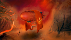 Size: 3840x2160 | Tagged: safe, artist:twilighlot, airship, concept art, desert, high res, hot, lava, no pony, solar empire, solarflareseries, zeppelin