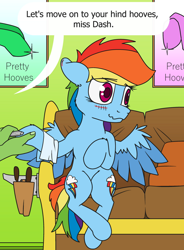 Size: 1028x1400 | Tagged: safe, artist:dacaoo, rainbow dash, oc, oc:anon, human, pegasus, pony, g4, blushing, couch, hooficure, sitting, tools