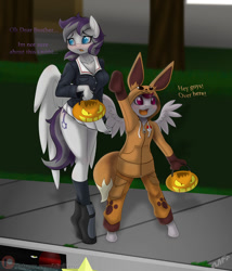 Size: 1028x1200 | Tagged: safe, artist:miniferu, oc, oc:rylo rum, oc:velocity, eevee, pegasus, anthro, unguligrade anthro, brother and sister, clothes, costume, dialogue, duo, female, girls und panzer, half-siblings, halloween, holiday, male, offspring, ooarai, outdoors, parent:oc:red rummy, parent:oc:steelo, parent:twilight velvet, parents:canon x oc, parents:oc x oc, pegasus oc, pokémon, siblings, wings