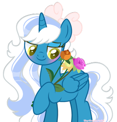 Size: 1599x1676 | Tagged: safe, artist:werifesteriada, oc, oc only, oc:fleurbelle, alicorn, pony, alicorn oc, blushing, bow, bunch of flowers, female, flower, hair bow, holding, horn, mare, simple background, smiling, solo, transparent background, wings, yellow eyes
